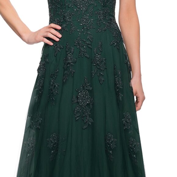 La Femme Emerald Lace A-Line Prom Dress - Picture 5 of 7